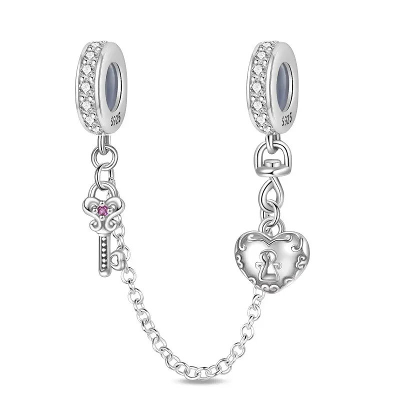 925 Sterling Silver Safety Chain Charm for Bracelet Stopper Spacer Charm, Elegant Jewelry Bracelet, Heart Shaped Bracelet
