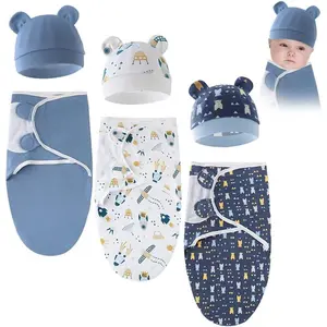 3 Sets Baby Swaddle Sleep Sack with Hat Set, Soft Swaddling Blankets Cute Baby Swaddling Blankets for 0-3 Months