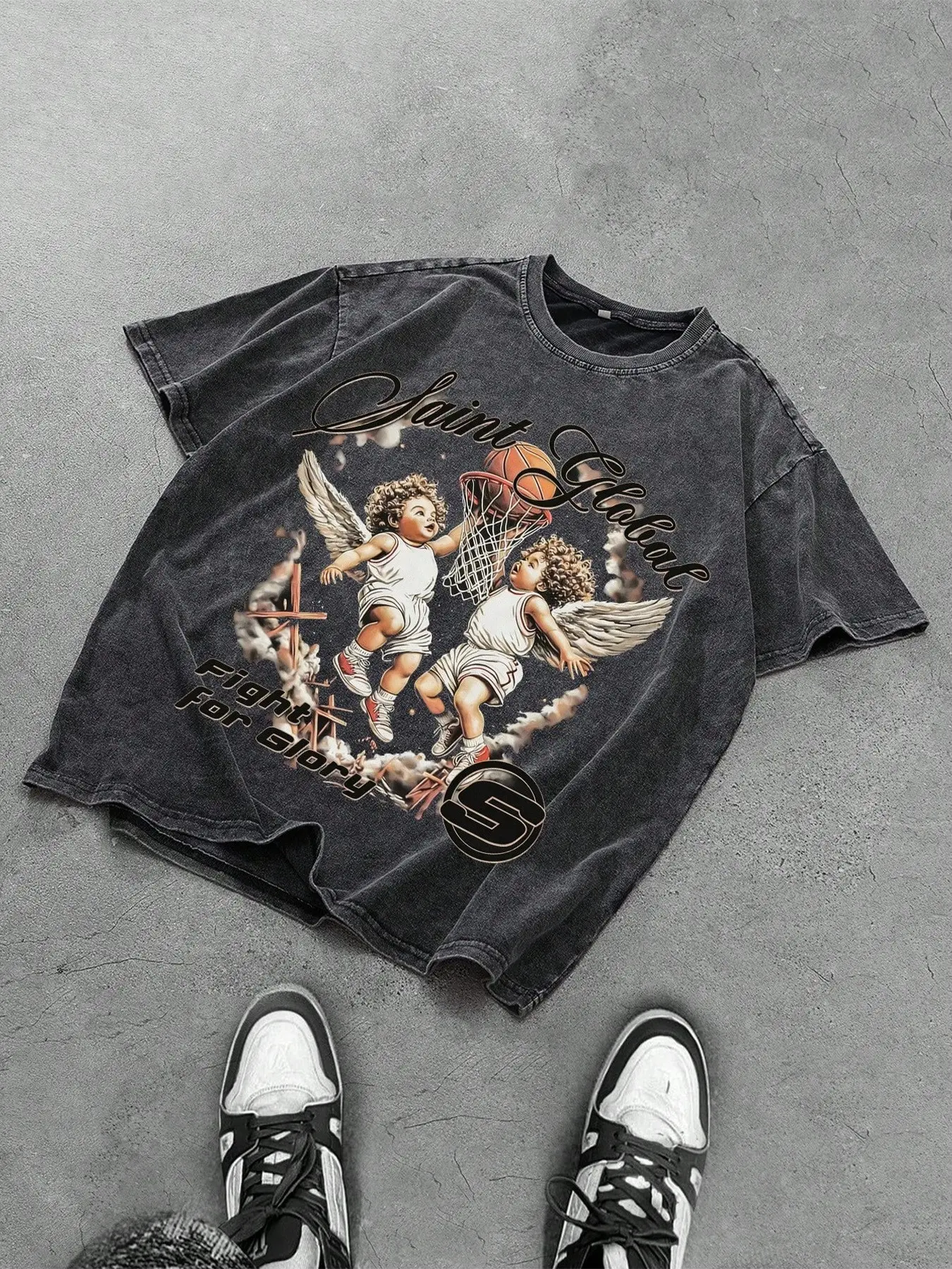 Saint Global Vintage Oversized Graphic Tee | 90s Streetwear Washed Black T-Shirt for Men & Women | Heavy Cotton Distressed Angel Basketball Print | Retro Grunge Boxy Fit Top for Daily OOTD