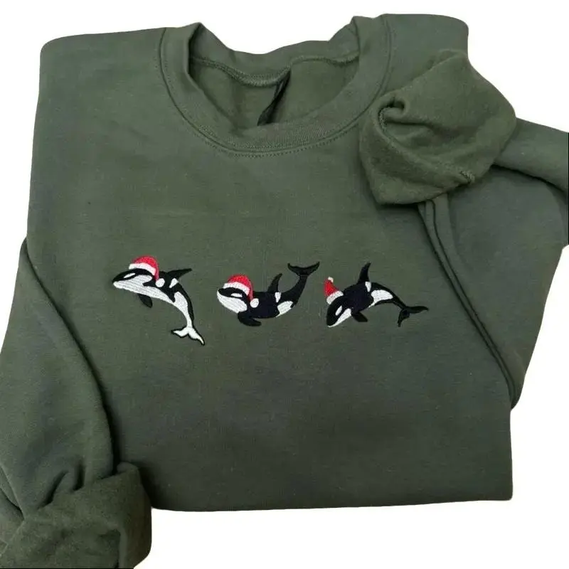 [Made in US] Christmas orcas embroidered sweatshirt / Christmas orcas embroidered orca embroidered sweatshirt