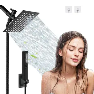 Bathroom Accessories High Pressure Shower Head Set for Fall Gift,1 Set 6/8"  Square Rain & 2-in-1 Hand Shower,Equipped with 75"Hose, 3 Way Diverter Valve,Adhesive Shower Head Holder,Wrench-free installation