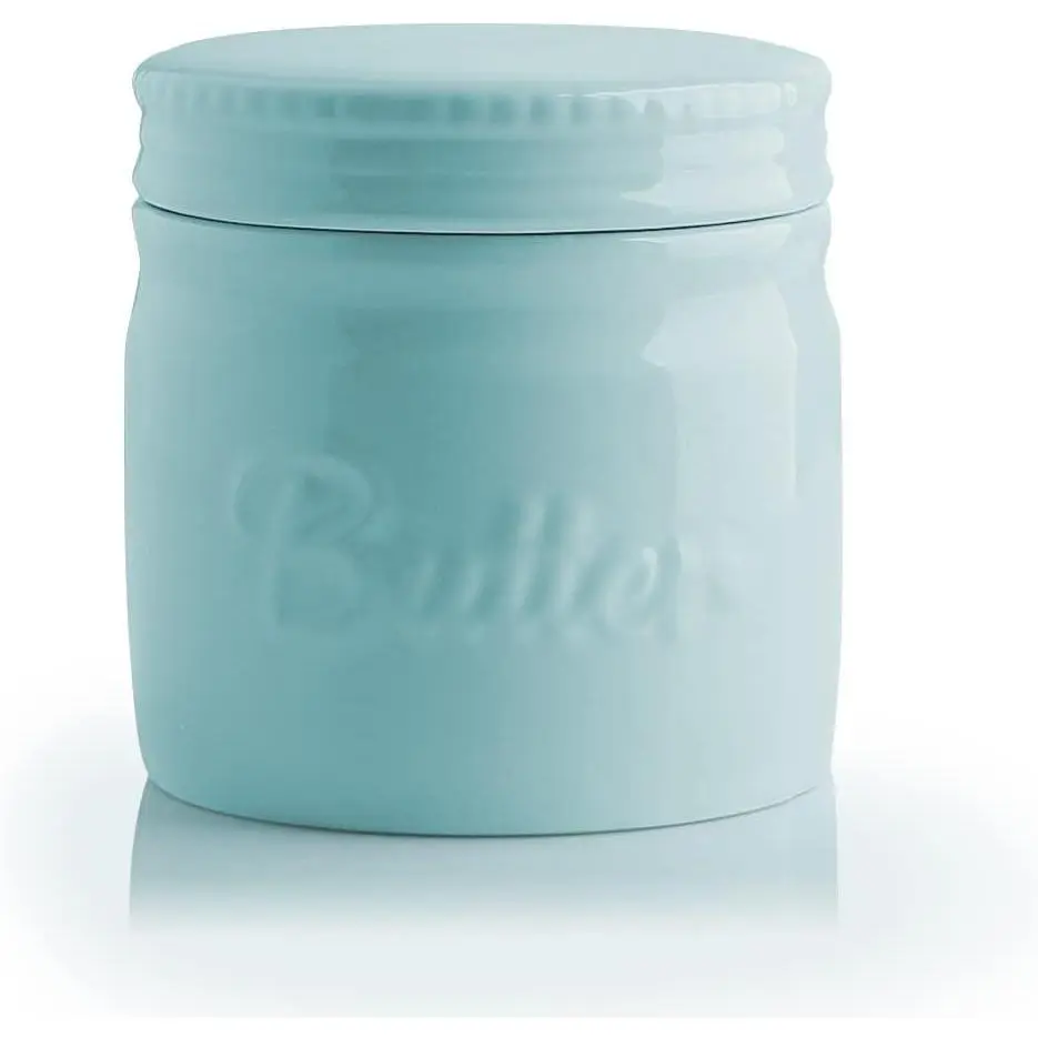 Porcelain Butter Keeper Crock,  Butter Dish with Water Line, Ceramic Butter Container for soft butter (Turquoise)