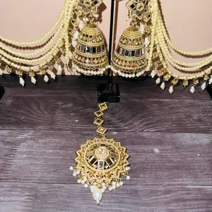 Bahubali Oversized sahara Earrings with Tikka - Gold Color with White Beads