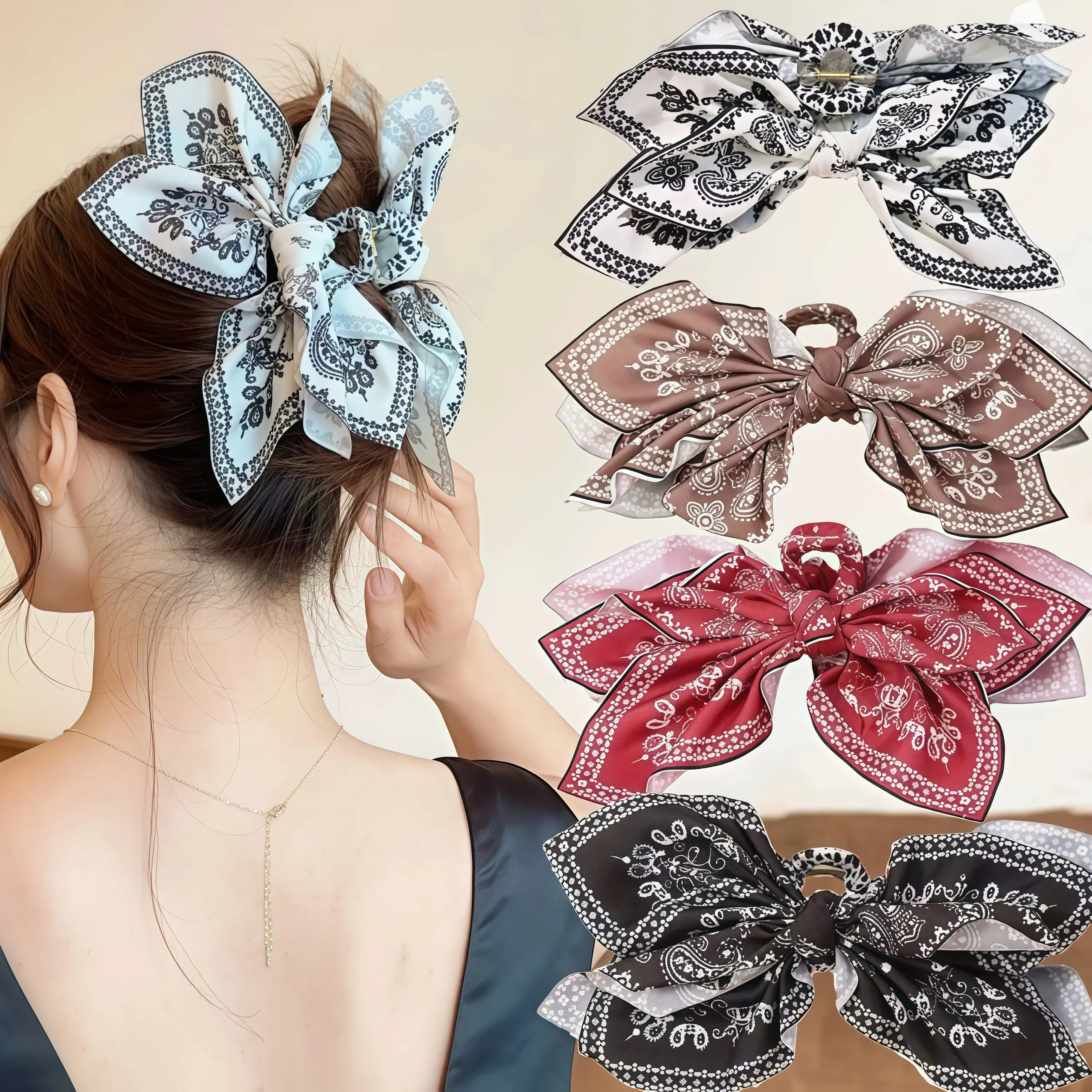 4PCS Paisley Bandana Bow Hair Claw Clips, Large Floral Print Scarf Bow Jaw Clips, Strong Hold Non-slip Hair Accessories for Thick Hair, Stylish Clips for Daily, Work & Casual Wear