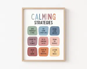 Calming Corner Strategies Poster Chart Therapy Office Decor Print ADHD Emotional Self Regulation Autism Anxiety Tools Kit OT Mental Health Decoration Gift Glossy Ornaments Wall Room Artistic Photo