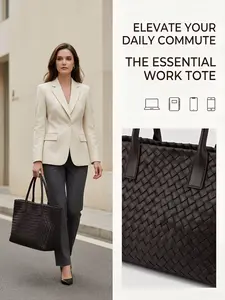Women's Woven Tote Bag, Fashionable Large Capacity Top Handle Bag, Solid Color Casual Shoulder Bag, Commuter Handbag for Daily Use and Travel, Stylish Tote Bag