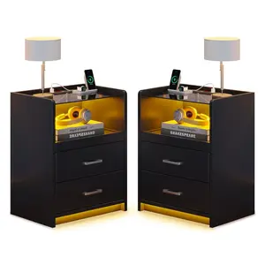 Sikaic 2PCS Nightstand with LED Lights Charging Station Black