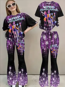 New Girl's Fashion Gradient Anime Character 3D Printed Casual Fitted Set, Short Sleeve Tee and Bell Bottom Pants, Spring Summer Outdoor Wear Clothes