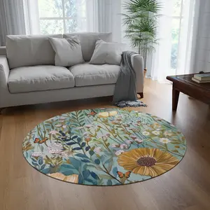 Floral Round Rug Cottagecore Flower Meadow Round Rug, Floral Round Area Rug, Round Floor Mat Nursery, Rug for Living Room Bedroom Kitchen