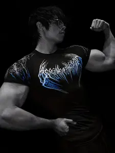 European Street Style Dark Thorn Print Fitness T-Shirt, High Stretch Quick-Dry Tight Fit, Elastic Breathable Sportswear, Breathable Sweat-Wicking Sport Fabric, Essential for Hardcore Gym Enthusiasts
