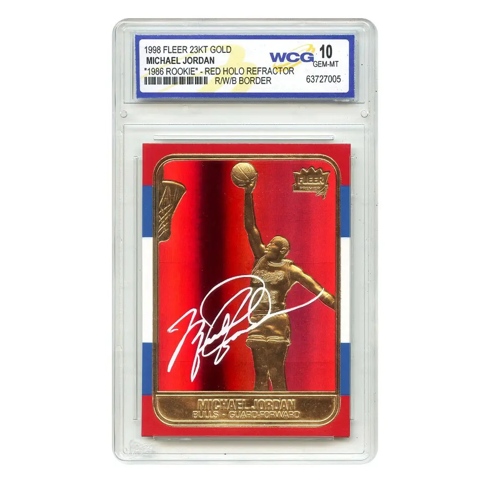Michael Jordan 1998 Fleer 23K Gold Sports Collectible Card, Red Prizm Rookie Design Refractor, GEM 10 Graded Trading Card