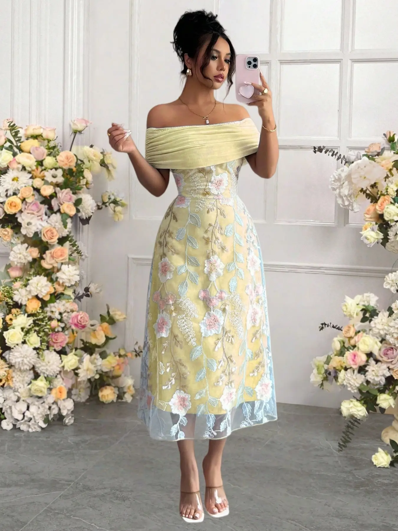 Elegant Floral Mesh One-Shoulder Dress for Women, Formal Wear, Evening Dresses, Slim-Fitting All-Seasons Fashion, 7963 Model, Perfect for Special Occasions, Dresses for Party