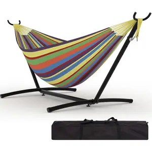 Double Hammocks with Stand for Outside, Portable Space Saving Heavy-Duty Steel Stand for Indoor Outdoor Patio with Carrying Bag, 450 lbs Capacity