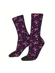 BIIHUDU Men's Breast Cancer Awareness Socks - Pink Ribbon & Hearts Design with Black & Pink Ribbon Print, Supportive Cancer P