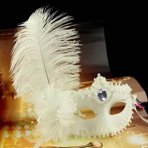 Venetian Princess Ball Handheld Mask Side Flower Mask with Holding Stick Mardi Gras Party Masquerade Feather Mask for Women