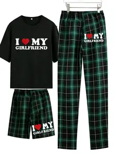 Trendy Men's "I Love My Girlfriend" Graphic Pyjamas 3-Piece Set, Pjs, Plaid Print Loungewear, Soft Breathable Non-Cotton Fabric, Comfortable Fitted Sleepwear for Home Relaxing & Casual Nighttime Wear, Viral Couples Style