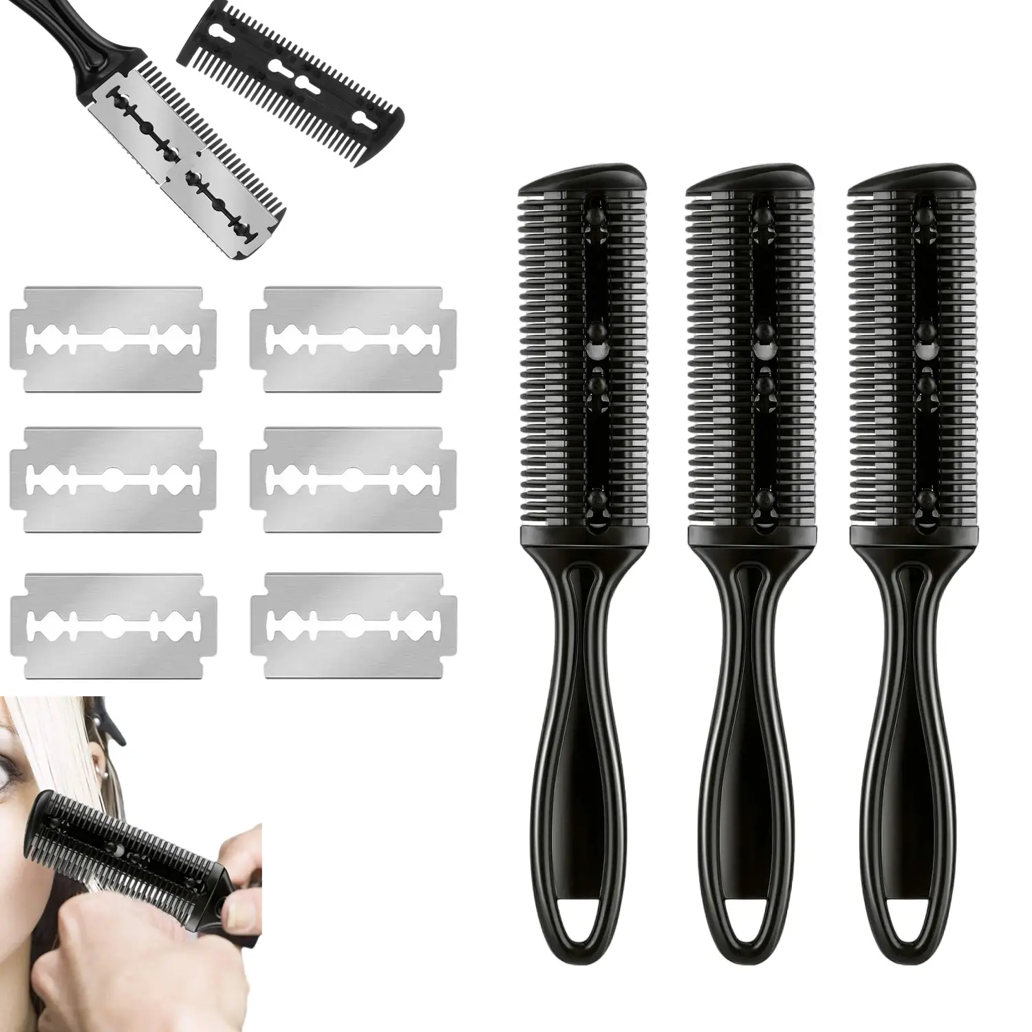 3Pcs Hair Cutting Razor Comb with 12 Replacement Blades, Double Edge Hair Thinning Trimmer Comb, Professional Split Ends Shaper Styling Tool for Salon Home Thick Thin Hair