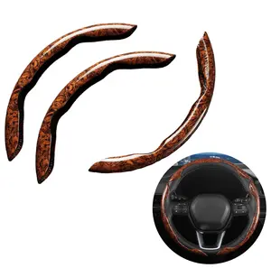 3PCS Universal Car Wood Grain Steering Wheel Cover D-shaped and Round Steering Wheel Protective Cover Anti Slip Auto Interior Accessories