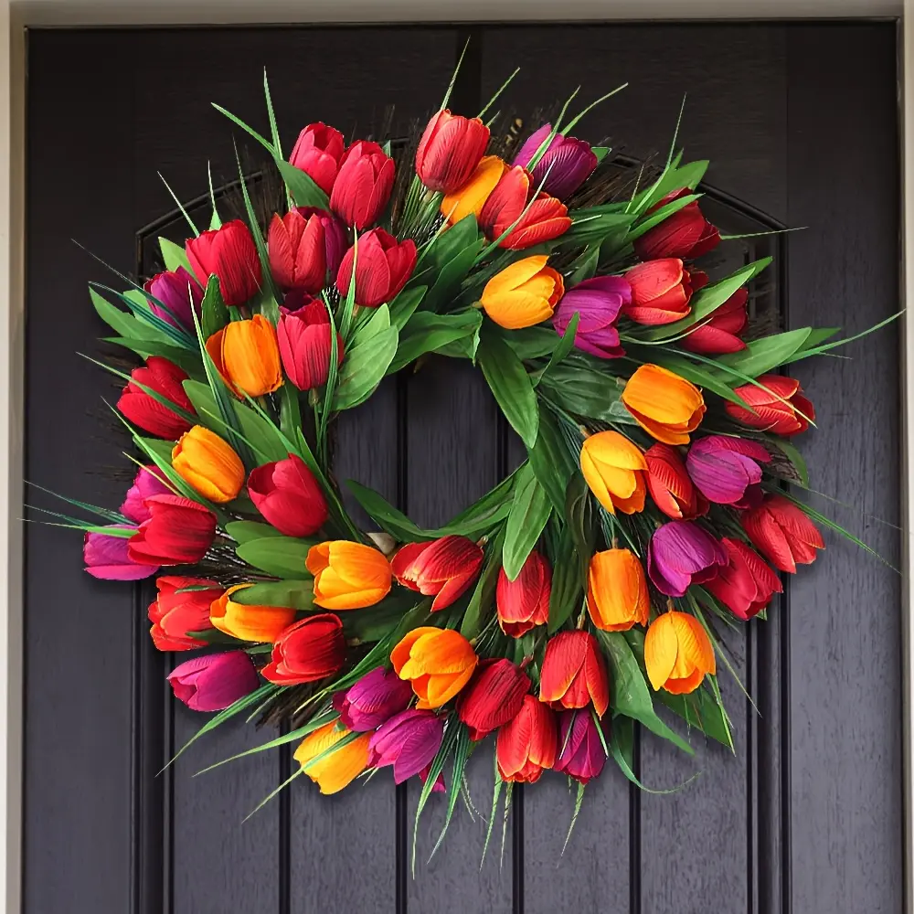 17.7in Decorative Artificial Tulip Wreath with Fake Tulips & Artificial Flowers - Indoor/Outdoor Spring Summer Front Door Home Office Wall Valentine's Day Decoration