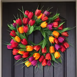 Colorful Artificial Tulip Wreath, Diameter 17.7inch - Suitable for Indoor and Outdoor Spring and Summer Decoration, Front Door and Home Office Wall - Valentine's Day Holiday Decoration