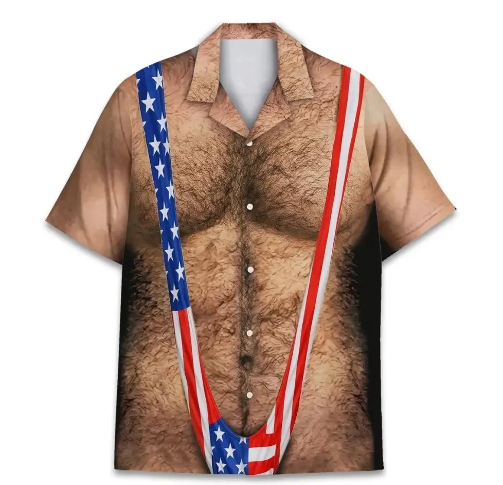 Men's Patriotic American Flag Hawaiian Shirt - Funny Chest Hair Illusion Aloha Shirt for 4th of July USA Party (Sports & Outdoor Clothing, Men's Sports Top)