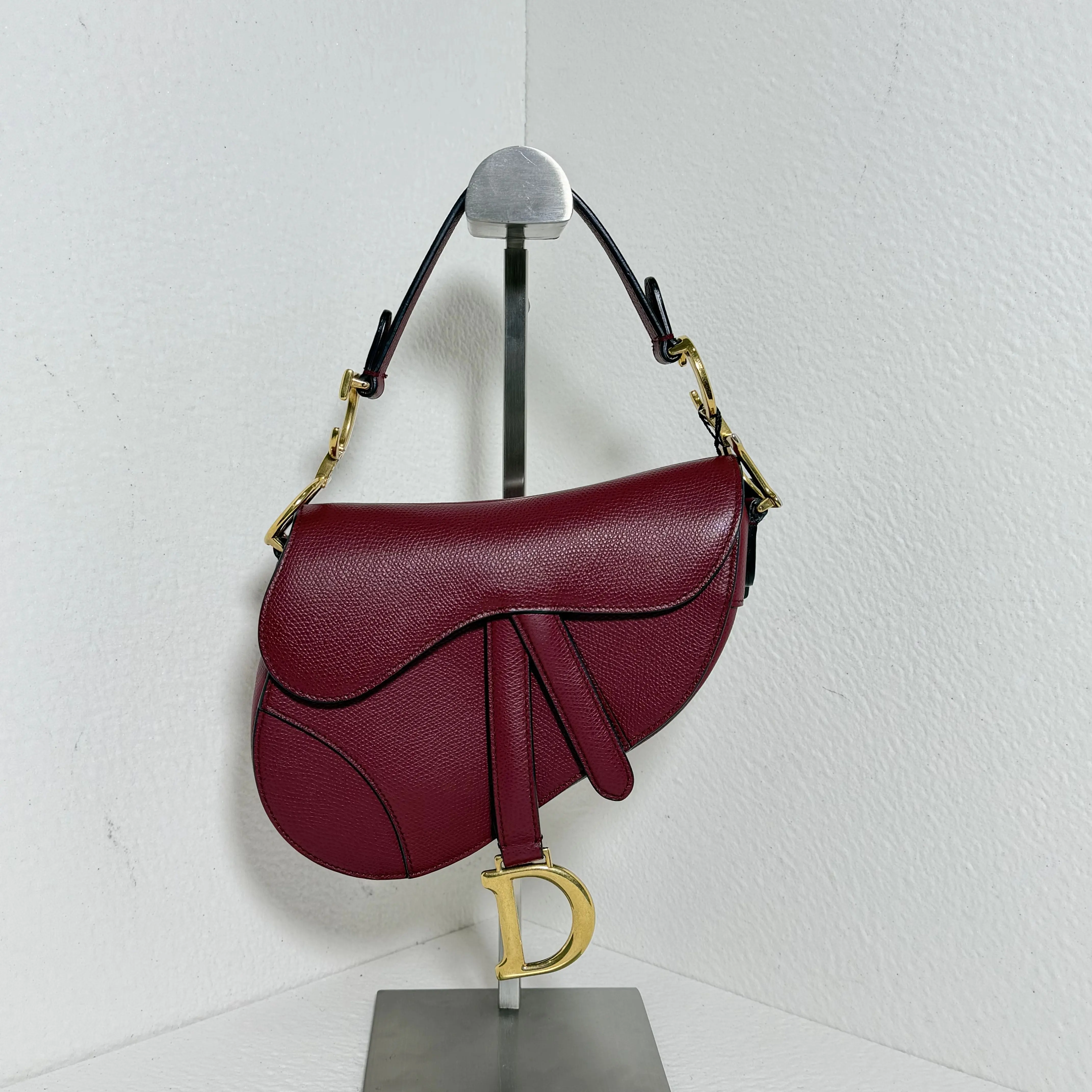 Pre-owned Dior Mini Saddle Bag, Burgundy Grained Calfskin, Gold‑Tone D Hardware 23086585 HK