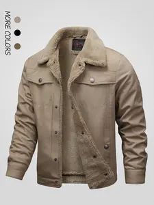 Men's Solid Button Front Pocket Fleece Jacket Coats, Regular Fit Casual Long Sleeve  Thermal Lined Collared Outerwear for Winter, Men's Clothes for Daily Wear