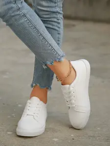 Women's Simple Sneakers, Fashionable Sneakers, Casual Sporty Sneakers, Lace-Up Design, Casual Sport Shoes, Multi-Functional Low Top Slip-On Trainers, All Season Wear