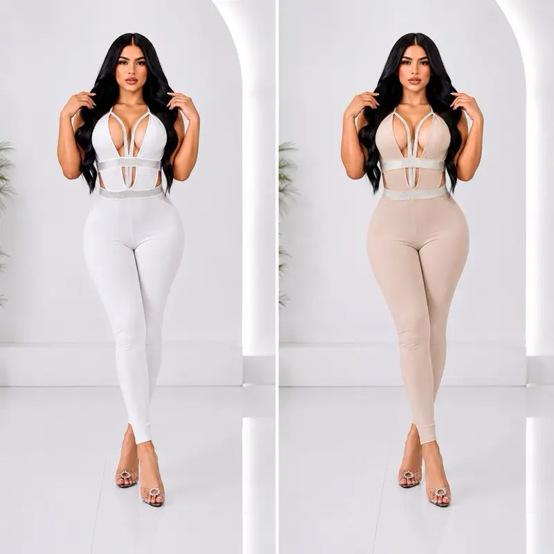 Women's Elegant Colombian Luxury Rhinestone Belted Overalls - Premium Stretch Fitted 1-Piece Jumpsuit (B4321) with Lace-Up, Deep V-Neck, Comfortable Fabric, Stylish Design, Fits S/M/L