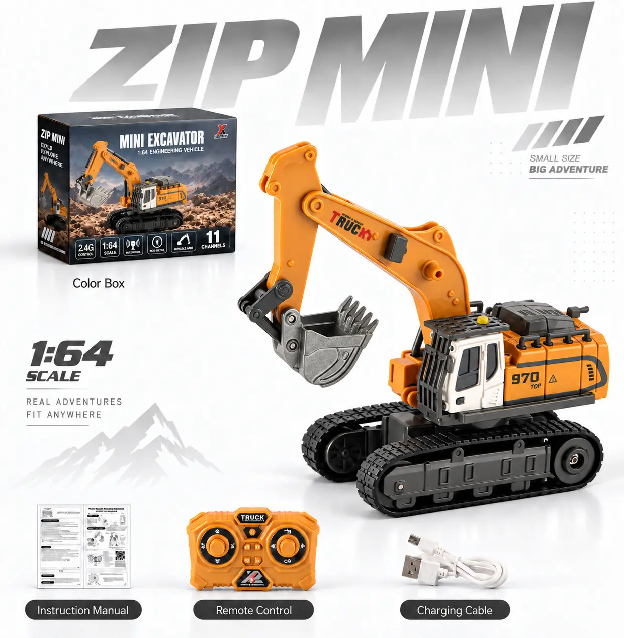 1:64 Mini RC Excavator Alloy Remote Control Construction Vehicle Toy with Lights & Sound, 2.4G Wireless Desk Toy for Kids and Adults dump truck rechargeable usb-c desktop entertainment