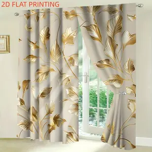 2pcs of gold plant printed light luxury style curtains, made of 100% polyester material, suitable for bedrooms, offices, kitchens, living rooms, study rooms, and home decoration