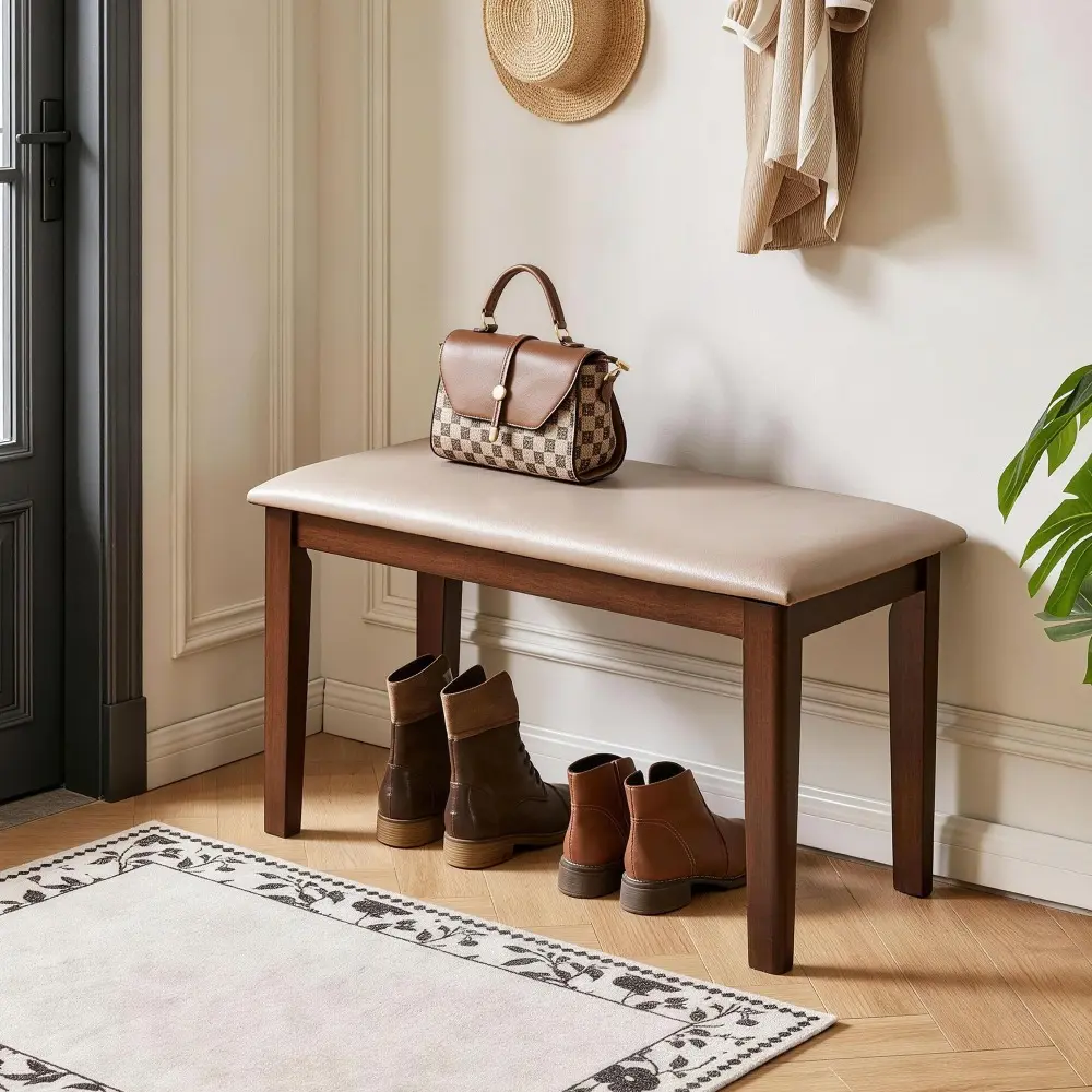 Littleox Solid Wood Frame Bench with Soft Breathable Tech Fabric Cushion, Heavy Duty Farmhouse Upholstered Stool, Multi-use Furniture for Dining Room, Entryway, Bedroom, Living Room and Apartment Extra Seating