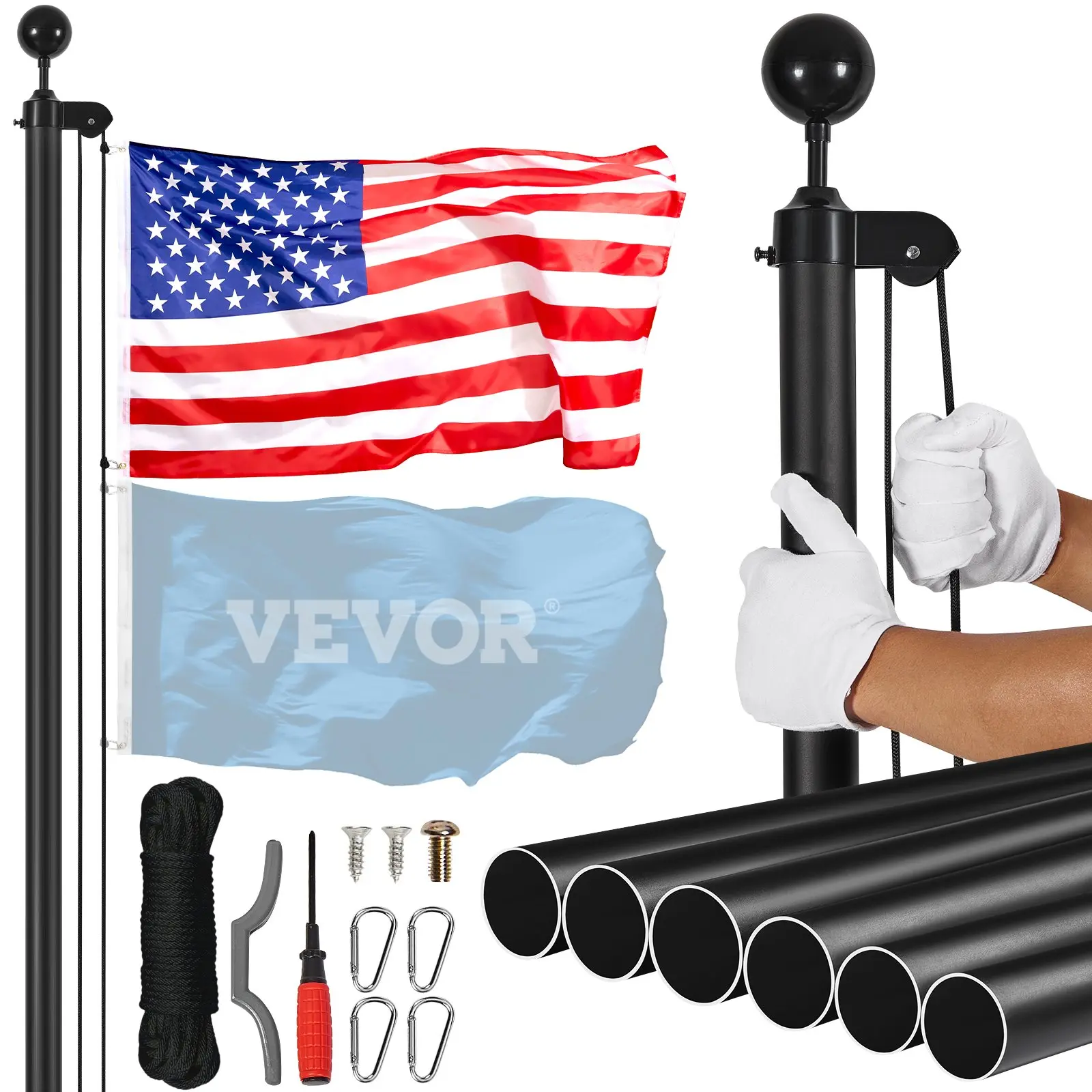 【Summerfinds】VEVOR 30 ft Sectional Aluminum Alloy Outdoor In-Ground Flag Pole Kit, 13.89 lbs (6.3 kg) Heavy-Duty Elegant Flagpole, 3 Display Modes, 3x5 American Flag, Professional Black Accessories, Commercial Spaces