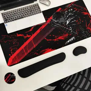 Anime-style Swordsman Pattern Mouse Pad Set, Mouse Pad & Keyboard Wrist Rest & Ergonomic Mouse Pad & Cup-Coaster Set, Desktop Decoration Accessories for Home Office Gaming Anime Mousepad