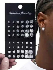 24 pcs minimalist punk geometric round square cubic zirconium earrings set imitation pearl earrings, Ear Studs, suitable for dates, vacations, birthdays, daily wear, Valentine's Day, as a couple gift, for both men and women Punk Style Earrings