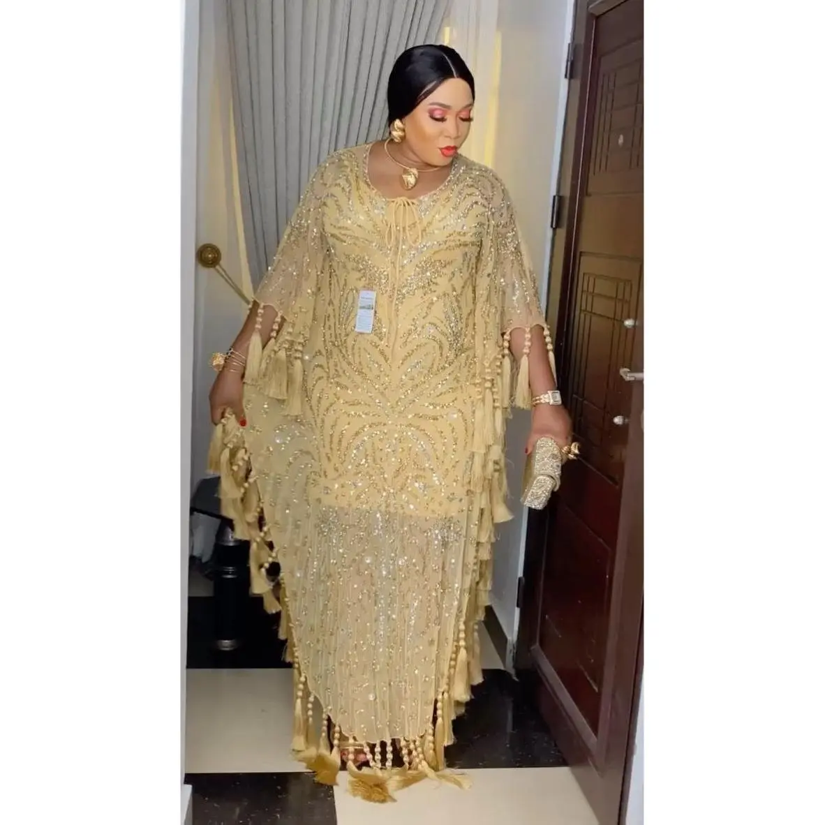 Classy Gold Beaded Kaftan Maxi Dress with Tassels for Mother of The Bride or Groom Formal Wedding Attire Birthday Party Dinner Photoshoot Cocktail Reception Anniversary Graduation African Bubu Wedding Guest Celebrant Worthy One Size Fits All