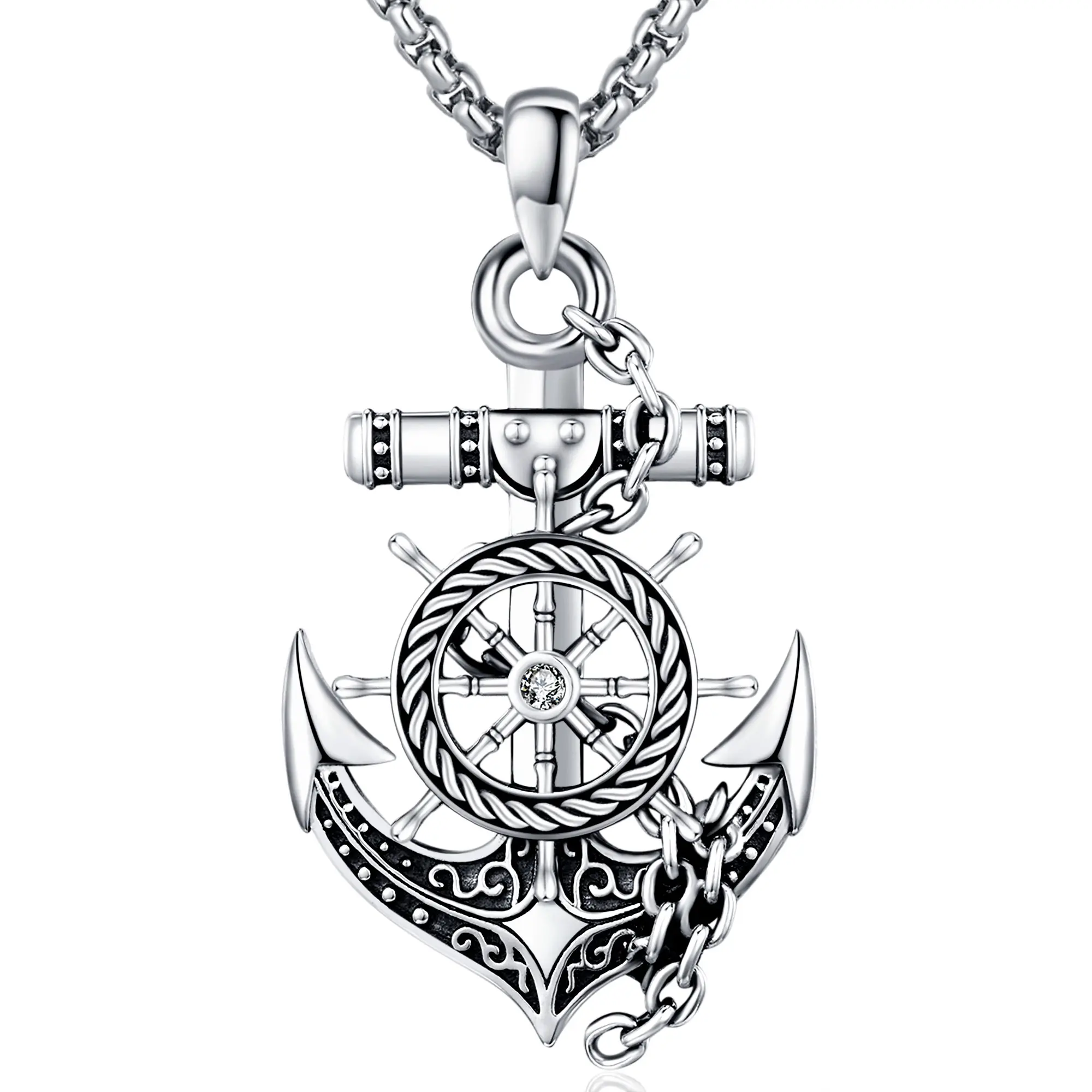 DRINSPER 925 Sterling Silver Anchor Detail Jewellery Pendant Necklace - 0.86" Width, Unisex Daily Wear Accessory, Compass Symbolizes Independence, Gift for Friends, Necklaces
