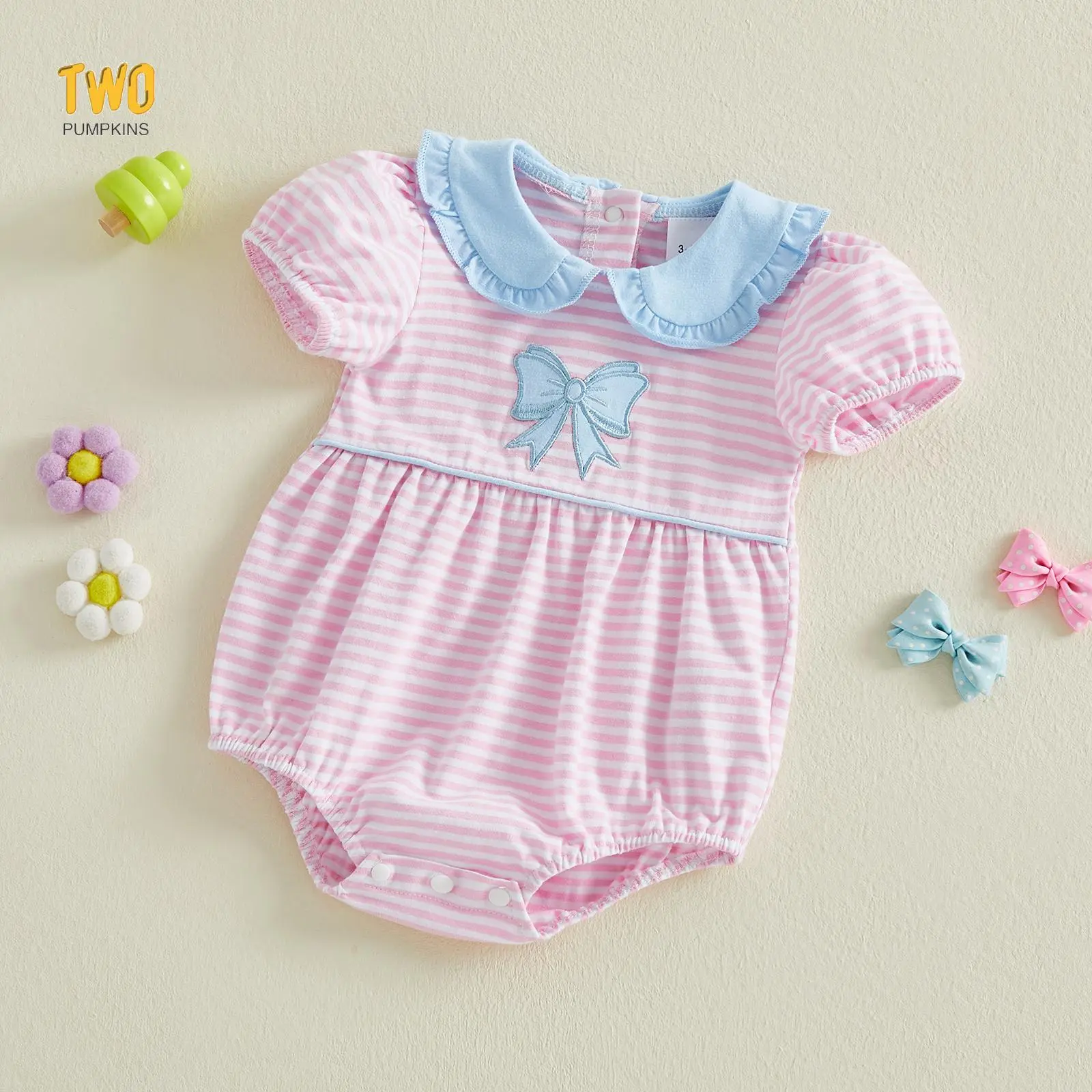 Baby Girl Striped Romper Short Sleeve Doll Collar Bow Embroidery Cute Smocked Clothes