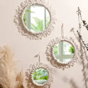 Round Boho Mirror, 1 Count Handwoven Boho Macrame Wall Hanging Mirror, Boho Mirrors for Wall Decor Living Room, Aesthetic Nursery Mirror for Bedroom Home Decor, Interior Mirror