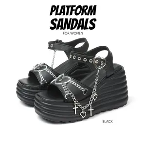 Womens Platform Sandals Gothic Punk Heart Chain Chunky Comfy Square Toe High Slope Chunky Wedge Heel Slip On Gifts Summer Sandal Adjustable Ankle Buckle Strap Work Casual Party Outdoor Spring Events Goth Cosplay Dressy Shoes