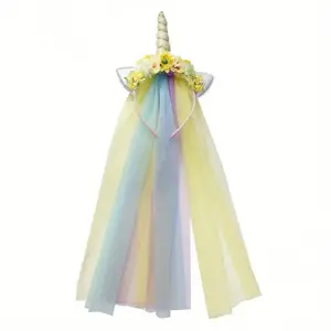 Sunny & Starry Unicorn Headband for Adult / Kids, Unicorn Horn, Unicorn Flower Unicorn Ears, and Colorful Veil
