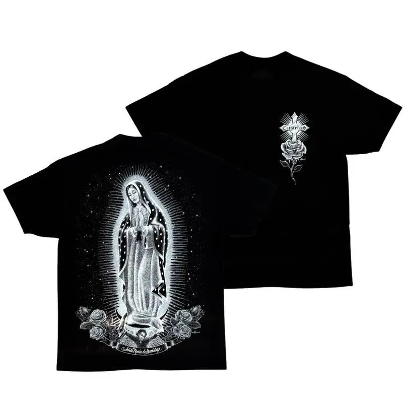 Women's T-Shirt with Elegant Guadalupe Floral Print, Casual Shortsleeve Crew Neck Tops for Daily Wear, Printed, Stylish