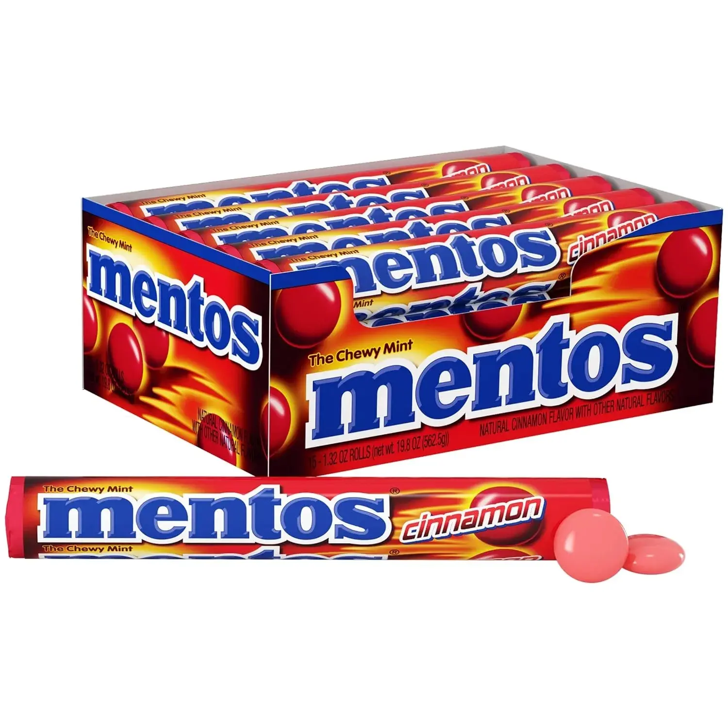 Mentos Candy Mint Chewy Roll Cinnamon Non Melting Party 1.32 oz Pack of 15 Sweet Spicy Cinnamon Flavor Refreshing Snack - Bonbon