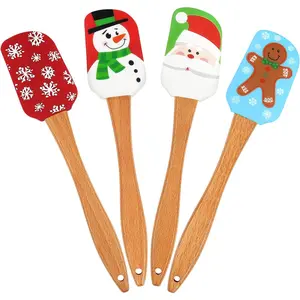 Christmas Silicone Spatula Set (4-Piece), Wooden Handle Christmas-Themed Baking Spatulas, Kitchen Utensils Baking Tools, Cooking Accessories, Gift Decorations