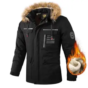 Men's Thickened Fleece Parka Jacket with Faux Fur Hood for Autumn Winter Casual Commuting & Hiking Warm Outdoor Overcoat Menswear Stylish Fall Outfits Black Long Sleeve