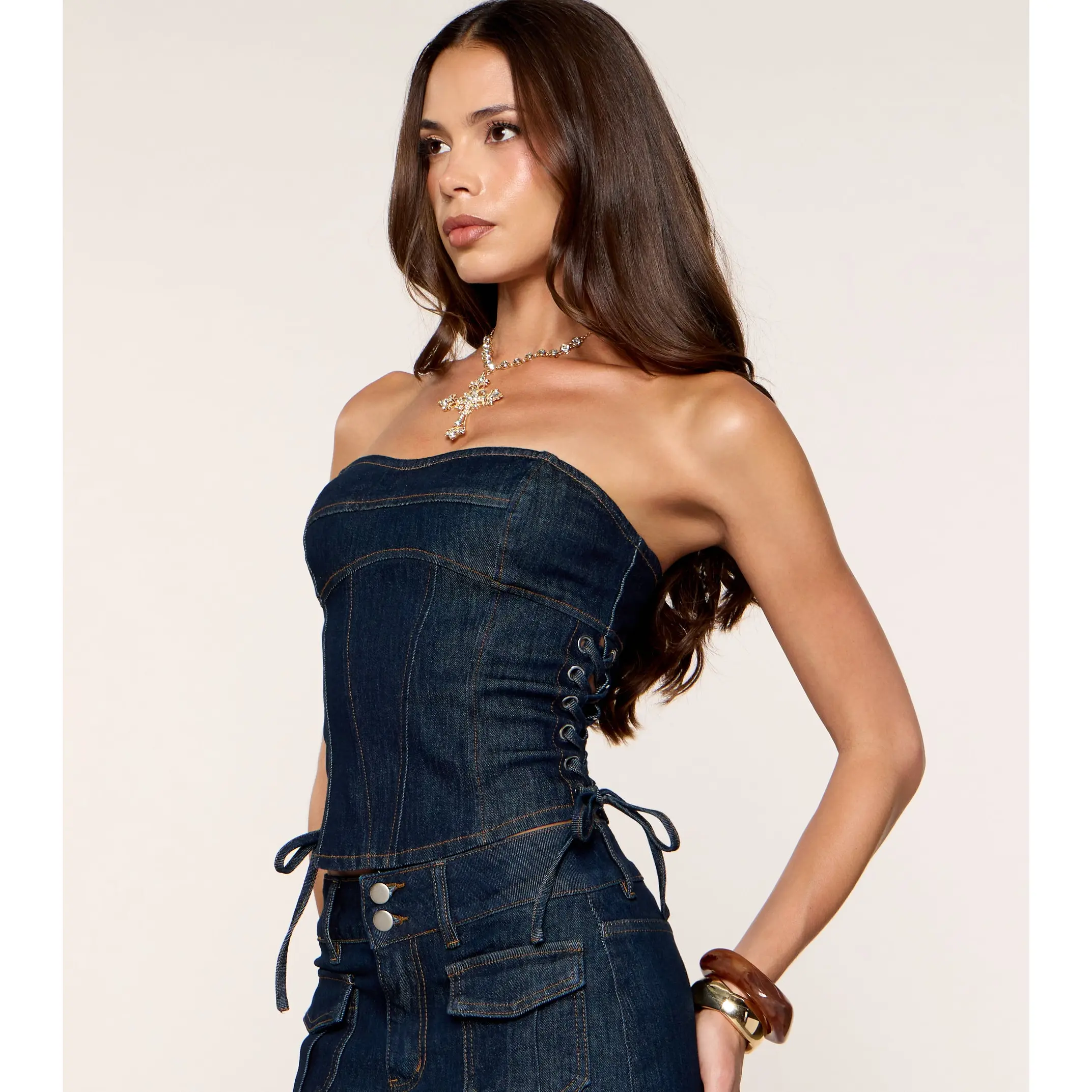Dialed In Denim Lace-Up Corset Top