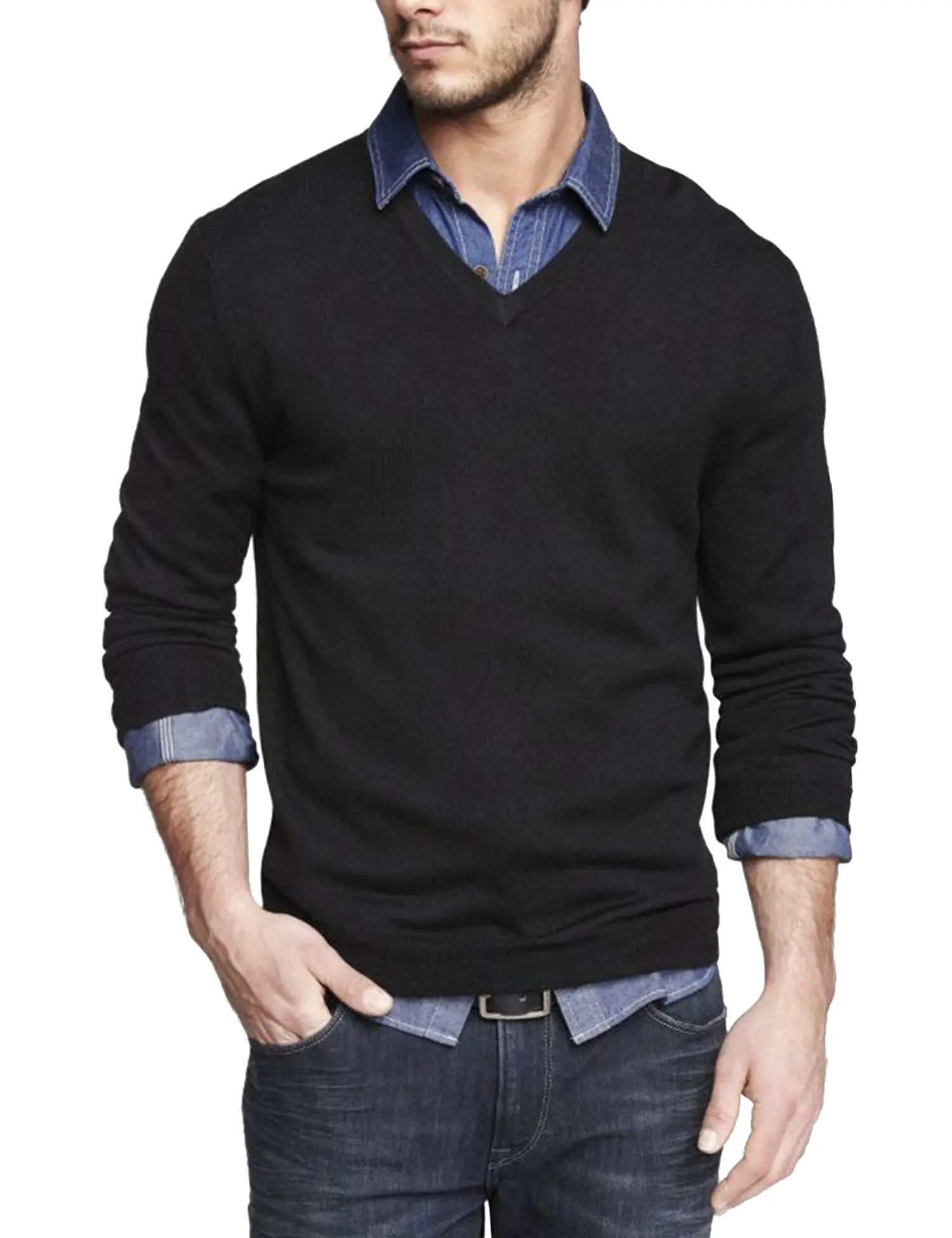 Men Casual V Neck Sweater Ribbed Knit Slim Fit Long Sleeve Pullover Top Human Menswear Knitwear Longsleeves black friday