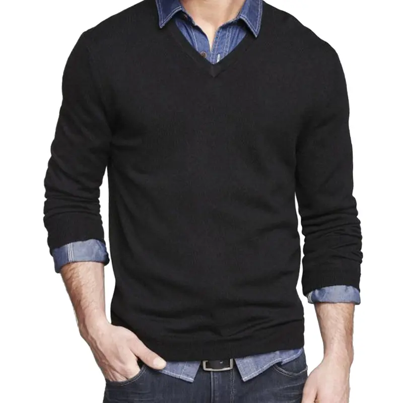 Men Casual V Neck Sweater Ribbed Knit Slim Fit Long Sleeve Pullover Top Human Menswear Knitwear Longsleeves black friday