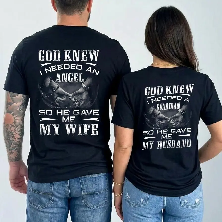 Couple Set "God Knew" Matching Prints 100% Cotton Fitted Short-Sleeve Pullover Clothes, Sporty Tops for Sports & Outdoor Use, Casual Gift for Husband and Wife