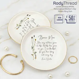[Flash Deal] RodyThrea Personalized Mother's Day Birth Month Flower Jewelry Tray, Custom Name Ceramic Ring Dish with Message for StepMom, Gift Idea for Bonus Mom